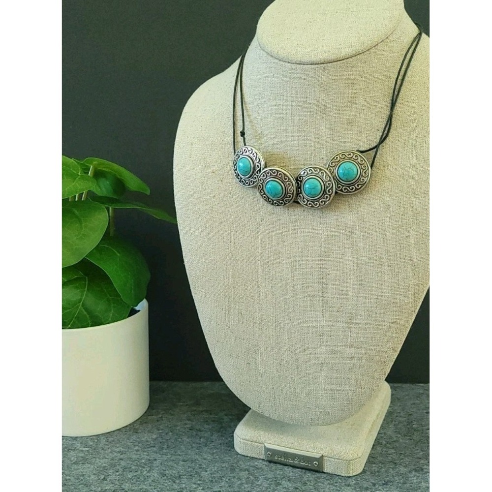 Southwestern Style Faux Turquoise Medallion Necklace Black Cord 14in